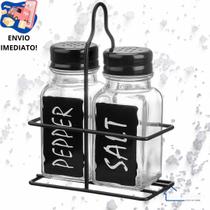 Kit 3 Peças Porta Condimento Sal Pimenta De Vidro Com Suporte Aramado Preto Saleiro Pimenteiro Vidro Para Mesa Moderna