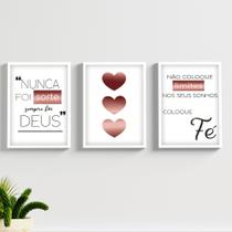 Kit 3 Peças Quadros Decorativos Moldura e Vidro Com Frase Nunca Foi Sorte Sala Quarto