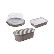 Kit 3 Peças Queijeira Serve Pão com Migalheira e Porta Frios