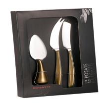 Kit 3 Peças Queijo Faca Espátula Frios Dourado Luxo Bugatti