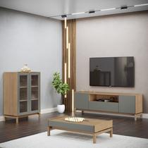 Kit 3 Peças Rack, Cristaleira 2 P de Vidro e Mesa de Centro C/ Gaveta Madeira Maciça - Linha Barcelona Kit 3 Peças Rack, Cristaleira 2 P de Vidro e Mesa de Centro C/ Gaveta Madeira Maciça - Linha Barcelona