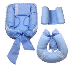 Kit 3 Peças Redutor de Berço Laço Com Alça Detalhes Em Guipir 80cm x 60cm + Almofada Para Amamentação + Rolinho - Azul