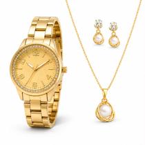 Kit 3 Peças Relógio Feminino Pallyjane Dourado com Colar e Brincos Pérola