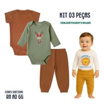 Kit 3 peças Roupa Bebê Body e Mijão com punhos, menino e menina Suedine 100 algodão, Enxoval Atacado recém nascido, P M G e GG