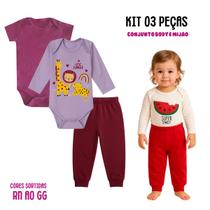 Kit 3 peças Roupa Bebê Body e Mijão com punhos, menino e menina Suedine 100 algodão, Enxoval Atacado recém nascido, P M G e GG