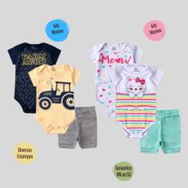 Kit 3 peças Roupa Bebê Body e shorts, menino e menina Suedine 100% algodão, Enxoval Atacado recém nascido, P M G e GG