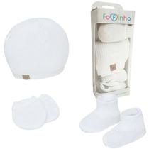 Kit 3 Peças Sapatinho Touca Luva Bebê Recém Nascido Enxoval Tricô Maternidade Antialérgico Baby Fofinho Cor:Branco