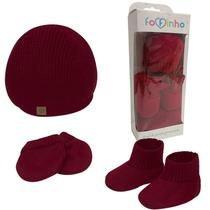 Kit 3 Peças Sapatinho Touca Luva Bebê Recém Nascido Enxoval Tricô Maternidade Antialérgico Baby Fofinho Cor:Vermelho
