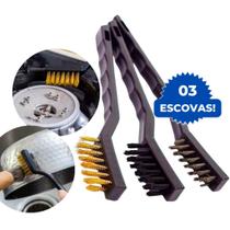 Kit 3 Peças Super Escovas Para Limpeza Multiuso em Aço Carbono Latão e Nylon com Cabo Plástico Kit 3 Peças Super Escovas Para Limpeza Multiuso em Aço Carbono Latão e Nylon com Cabo Plástico