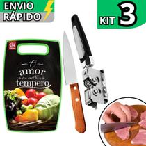 Kit 3 Peças Tábua Decorada Faca em Inox Cabo de Madeira N8 e Afiador de Faca Profissional Kit 3 Peças Tábua Decorada Faca em Inox Cabo de Madeira N8 e Afiador de Faca Profissional