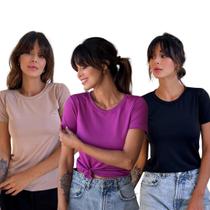 KIT 3 Peças Tshirt Manga Curta Lisa Blusa Feminina Básica Camiseta Gola O Segunda Pele Malha Suplex