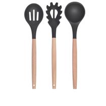 Kit 3 Peças Utensílios Silicone Bambu Colheres e Pegador