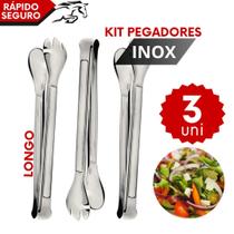 Kit 3 Pegador Pinça em Inox 29cm para Salada Carne Pão Salgado
