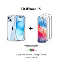 Kit 3 Películas 3D Vidro + Capa Capinha Transparente para Iphone 15