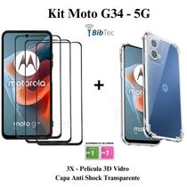Kit 3 Películas 3D Vidro + Capa Capinha Transparente para Moto G34