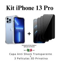 Kit 3 Películas 3D Vidro Privacidade + Capa Capinha Transparente para Iphone 13 Pro