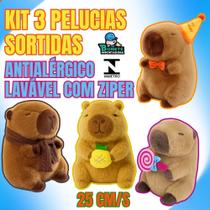Kit 3 Pelúcias Capivara Sortidas 25cm Lavável Antialérgica com Zíper