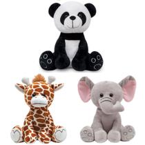 Kit 3 Pelúcias Safari Panda Girafa e Elefante para Bebês Buba