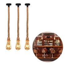 Kit 3 Pendente 1M Luminária Vintage Corda Sisal Retro Rústico Com Lâmpada LED Pera Âmbar Bivolt 4W E27