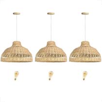 Kit 3 Pendente Fibra Natural Rattan Palha Lanchonete Nat83 +