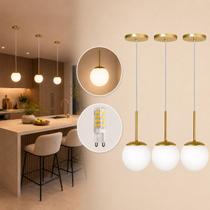 Kit 3 Pendente Jabuticaba Dourado Globo Vidro + Led Quente
