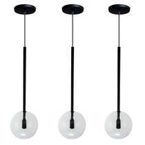 Kit 3 Pendente Luminária Lux Preto Globo Cristal Vidro Led Quente