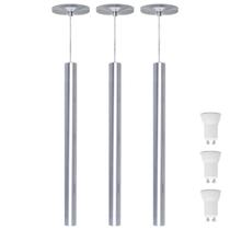 Kit 3 Pendente Luminária Tubo Alumínio Escovado 50 Cm + Lâmpada LED Branco Frio