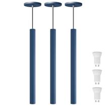Kit 3 Pendente Luminária Tubo Azul 50 Cm + Lâmpada LED Branco Quente