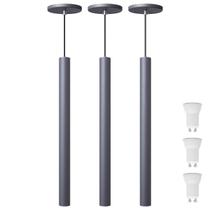 Kit 3 Pendente Luminária Tubo Cinza 50 Cm + Lâmpada LED Branco Quente
