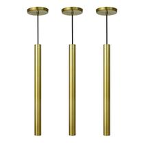 Kit 3 Pendente Luminária Tubo Dourado 50 Cm + Lâmpada LED Branco Quente