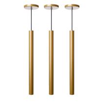 Kit 3 Pendente Luminária Tubo Dourado Fosco 50 Cm + Lâmpada LED Branco Frio