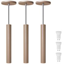 Kit 3 Pendente Luminária Tubo Fendi 30 Cm + Lâmpada LED Branco Frio