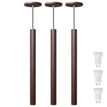 Kit 3 Pendente Luminária Tubo Marrom 50 Cm + Lâmpada LED Branco Frio