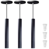 Kit 3 Pendente Luminária Tubo Preto 30 Cm + Lâmpada LED Branco Neutro