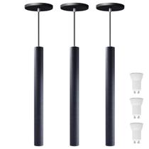 kit 3 Pendente Luminária Tubo Preto 40 Cm + Lâmpada LED Branco Frio