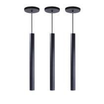 kit 3 Pendente Luminária Tubo Preto 40 Cm + Lâmpada LED Branco Frio