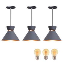 Kit 3 Pendente Lustre Luminária Berlin 15cm Cinza + Led Retrô Vintage Moderno Kit 3 Pendente Lustre Luminária Berlin 15cm Cinza + Led Retrô Vintage Moderno