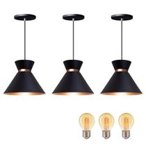 Kit 3 Pendente Lustre Luminária Berlin 15cm Preto + Led Retrô Vintage Moderno Kit 3 Pendente Lustre Luminária Berlin 15cm Preto + Led Retrô Vintage Moderno