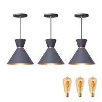 Kit 3 Pendente Lustre Luminária Berlin 23cm Cinza + Led Retrô Vintage Moderno