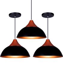 Kit 3 Pendente Lustre Luminária Panama Preto C/Topo Cobre
