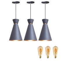 Kit 3 Pendente Lustre Luminária Pequim Cinza 30cm + Led Retrô Vintage Moderno