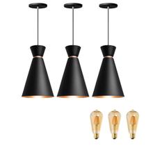 Kit 3 Pendente Lustre Luminária Pequim Preto 30cm + Led Retrô Vintage Moderno