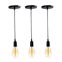 Kit 3 Pendente Lustre Retrô Fio Simples Soquete Liso E-27 Preto Kit 3 Pendente Lustre Retrô Fio Simples Soquete Liso E-27 Preto