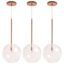Kit 3 Pendente Lux Cobre Rose Gold Globo Vidro 25Cm + Led
