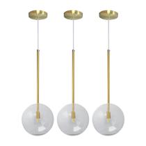 Kit 3 Pendente Lux Dourado Globo Vidro Cristal 20Cm + Led