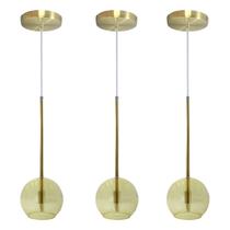 Kit 3 Pendente Lux Globo Âmbar Vidro Dourado + Led