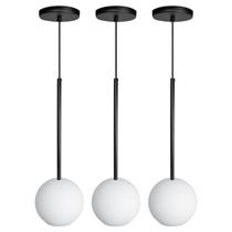 Kit 3 Pendente Lux Preto Globo Vidro Branco + Led