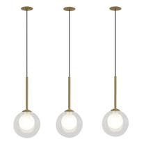 Kit 3 Pendente Moderno Dourado Globo Duplo Transparente