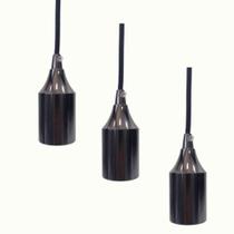 Kit 3 Pendente Preto Pérola Liso com Cabo Lustre Alumínio Soquete E27 Simples Decorativo Luxo Bivolt