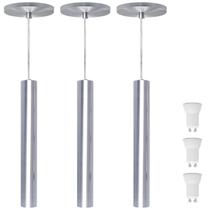 Kit 3 Pendente Tubo Alumínio Escovado 30cm + LED Branco Frio